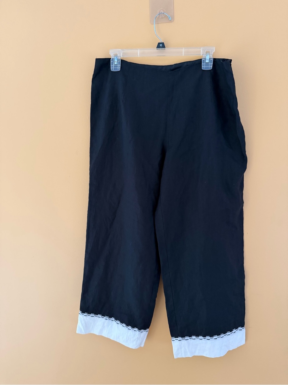 Sara Isabella Irish linen Black Cropped tailored Pants with White Hem Accent 14
